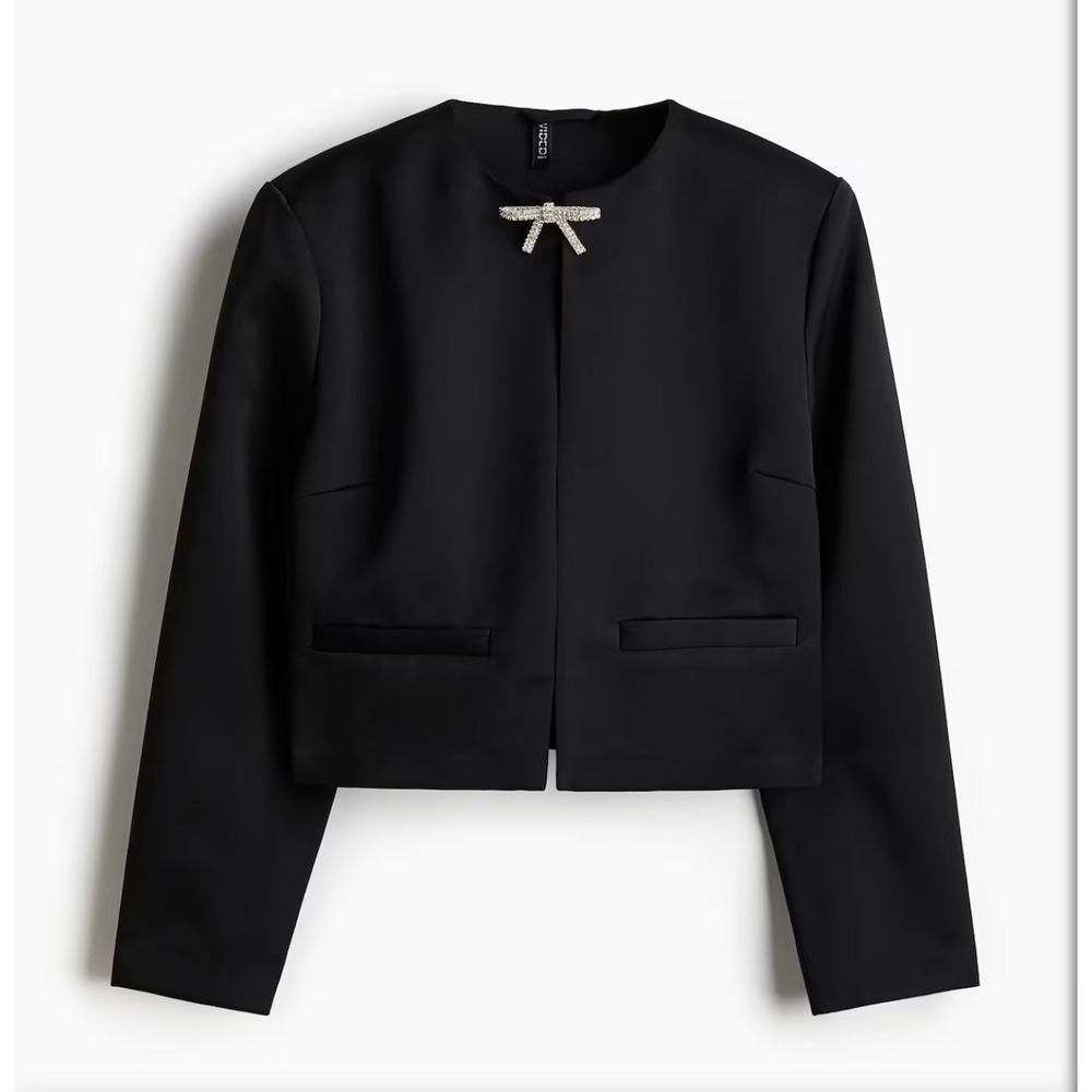 Divided Black Jacket Womens Large Waist Length Rhinestone Bow Brooch H&M Capsule